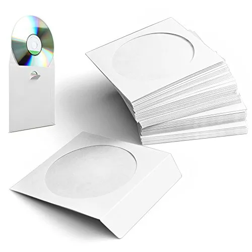 Flexzion Confezione da 100 Copertine di Carta Spessa per CD Dvd (Bianche) Bustine Plastica Custodie Standard a Busta Conservazione Premium con Finestra e Aletta per Dischi di Musica Film Videogiochi