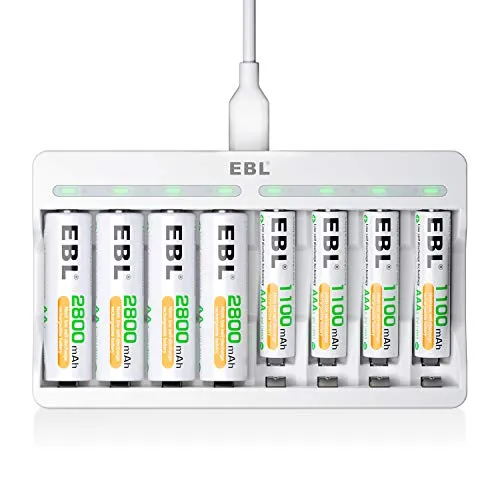 EBL 8 Slot Caricabatterie Indipendente per AA & AAA Batterie Ricaricabili, Caricatore con LED Indicatore + 4 pcs AA 2800mAh Batterie Ricaricabili & 4 pcs AAA 1100mAh Batterie Ricaricabili