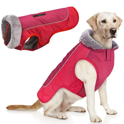 Idepet Cappotto di cane Giacca calda, cappotto per animali domestici impermeabile Snowsuit, vestiti per cani antivento riflettenti per cani medio di grandi dimensioni rosso nero