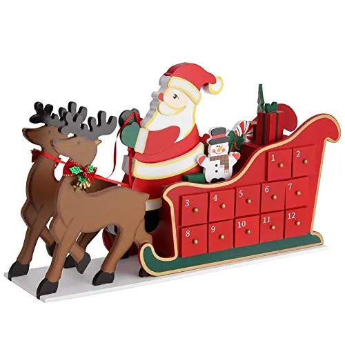BAKAJI Calendario dell' Avvento Slitta Babbo Natale in Legno con 24 Cassetti Sorpresa Numerati Decorazioni Addobbi Natalizi