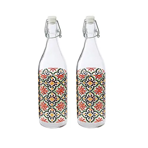 Baroni Home Set di 2 Bottiglie Acqua di Vetro MADE IN ITALY da Tavola, Bottiglia 1 Litro Decorata con Tappo Ermetico