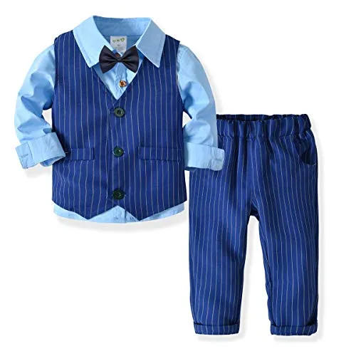 Zoerea 3 pezzi Bambini Ragazzi Abbigliamento Set Camicia con Papillon + Gilet + Pantaloni, Bambino Ragazzo Gentleman Nozze Smoking Battesimo Abito Strisce Blu Completino Blu, Etichetta 90