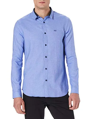 ARMANI EXCHANGE Yarn Dye Cotton Blue Dobby Shirt Camicia, M Uomo