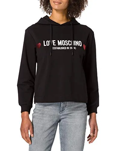 Love Moschino Soft Stretch Cotton Regular-Fit Long-Sleeved Hooded Sweatshirt Maglia di Tuta, Black, 46 Donna