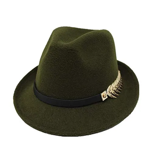 Fedora Trilby Panama Uomo Jazz Cappello Cappelli Cappello Fedora in Feltro a Tesa Stretta per Uomo Donna Trend Cappello Trilby Jazz Unisex con Cintura Metal Gentleman ArmyGreen