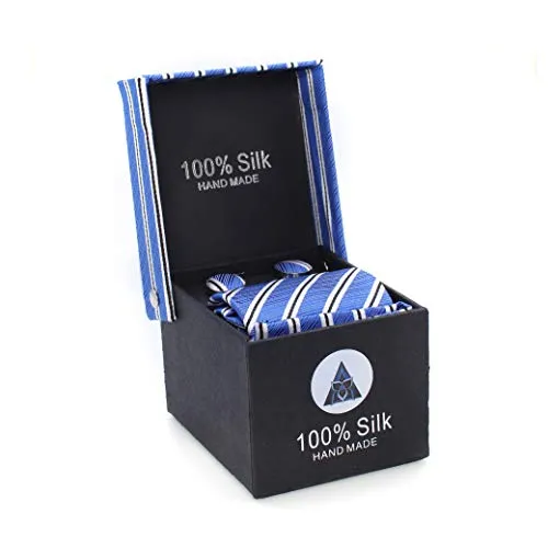 LANSILK Business Set Cravatta da Uomo - Cravatta sottile, gemelli e fazzoletto, confezione regalo, 100% seta (Blue Stripe Silk Tie 8)