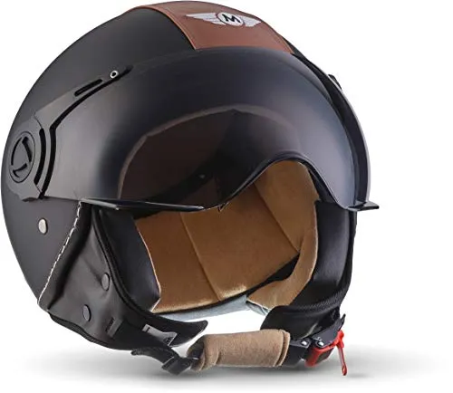 MOTO Helmets® H44 „Vintage Black“ · Casco · Jet omologato Moto Demi-Jet Vintage Scooter Motorino Motocicletta Helmet Piloto Urbano Helm · ECE 22.05 Visor Click-n-Secure Borsa M (57-58cm)