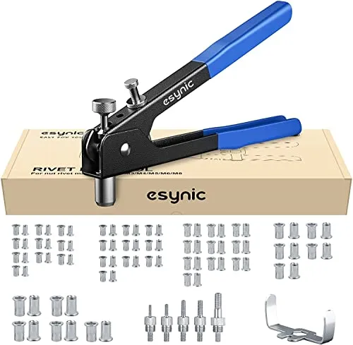 ESYNiC Kit Rivettatrice Professionale con 86pz Rivetti Dadi M3 M4 M5 M6 M8 Pinza Pistola Manuale a Rivetti Filettati Risparmio di Manodopera per Riparazione Auto Rimorchi Mobili - Blu