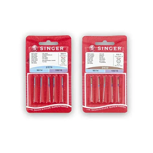Singer - Kit di 2 confezioni di aghi per cucire pelle e tessuti (826R + 832R) 2026 e 2032 130/705 H-J e H-LL (universali, piatti su un lato)