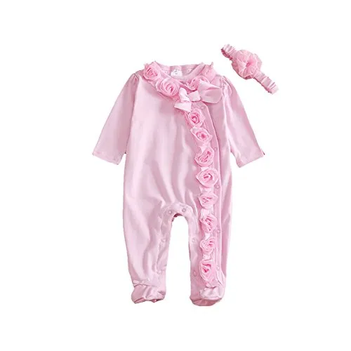 MiyaSudy Neonata Bambina Vestiti del Bambino del Outfit Pizzo Pagliaccetto Maniche Lunghe Tutina + Fascia