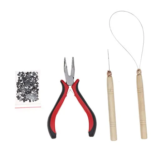 Frcolor Kit di accessori per extension per capelli, 3 pezzi, pinze e strumenti con gancio e cerchio, con 100 micro anelli di collegamento