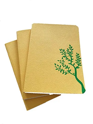 E-Taccuino -3 Quaderni Appunti 11x16 cm da 128 pagine bianche - carta riciclata - copertina morbida effetto pelle gialla con stampa a caldo albero verde