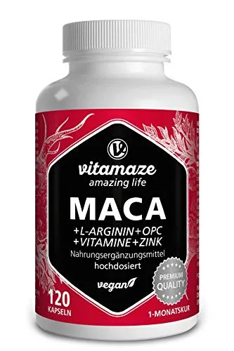 Maca Peruviana + Testosterone Massa Muscolare con L Arginina, OPC Resveratrolo con Vitamina B6, Vitamina B12 + Zinco, 120 Capsule di Integratore Sessuale Uomo Vegan, Qualità Tedesca. Vitamaze®