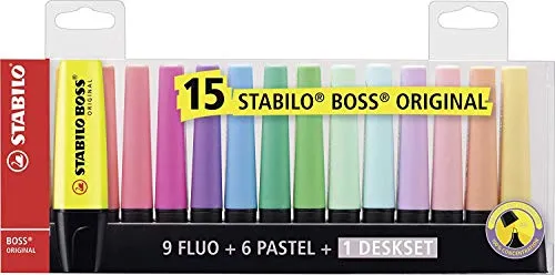 Stabilo Pacco da 3 Boss Original Desk-Set - 15 Colori Assortiti 9 Neon + 6 Pastel
