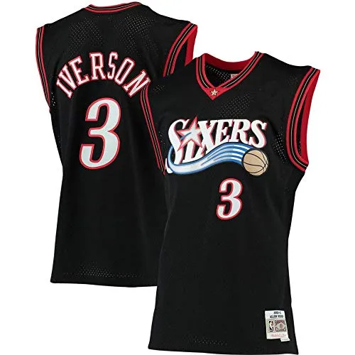 canottejerseyNBA Allen Iverson - Philadelphia 76ers #3 Retro Vintage Basket Jersey Maglia Canotta, Swingman Ricamata, Abbigliamento Sportivo (XL, Nero)
