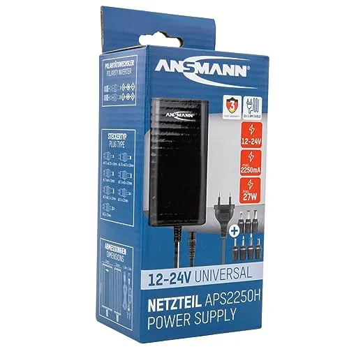 Ansmann, alimentatore di rete da 12 V, APS 2250H, spina di alimentazione fino a max. 2250 mA (7 adattatori universali), adattatore di rete per piccoli dispositivi elettrici regolabile da 12 a 24 Volt