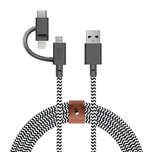 Native Union Belt Cable Universal - Cavo di Ricarica Rinforzato [Certificato MFi] Ultra Resistente da 2 Metri con Adattatore 3 in 1 per Dispositivi Lightning, USB-C e Micro-USB (Zebra)