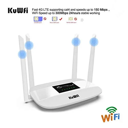 Router 4G LTE, KuWFi Router wireless CPE 4G sbloccato con slot per schede SIM con antenna per 3 (Tre) / Vodafone/Iliad