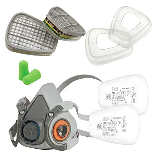 Set 3M - Semi-maschera serie 6000, taglia L 6300, con filtro gas 6059, ABEK1 con filtro antiparticolato 5935 P3 R e 501 coperchio filtro con tappo per le orecchie SmartProduct