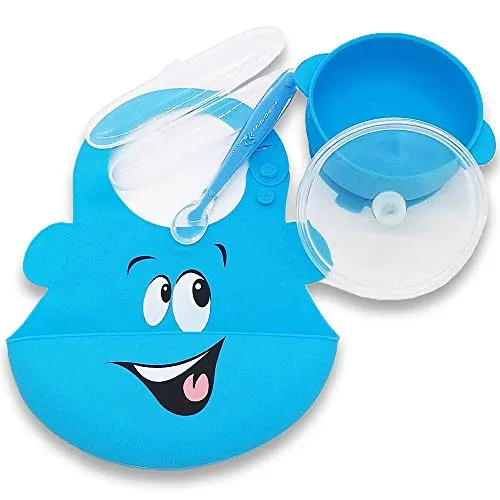 Avoya Set Pappa Svezzamento in Silicone 5 Pezzi, Bavaglino, Piattino con Ventosa e Coperchio, Cucchiaino e Custodia, Prima Infanzia Impermeabili Facili da Pulire, Ultra Leggeri, Accessori Bimbi