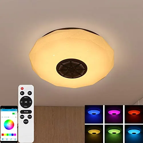 Lampada LED Bluetooth da soffitto con musica, 18 W, plafoniera da soffitto, altoparlante Bluetooth, luce da soffitto, cambio di colore RGB con app e telecomando, luce regolabile moderna
