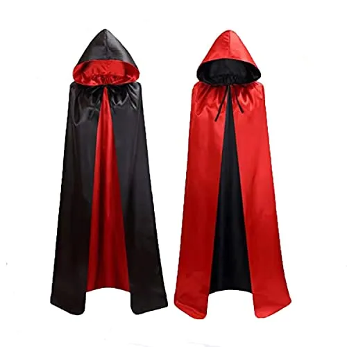 SIXIUDIA Mantello Vampiro,Adulto Bambini Mantello con Cappuccio Donna Uomo Costumi Halloween Mantelli Costume ，Reversibile Nero Rosso Mantello per Festa, 140cm