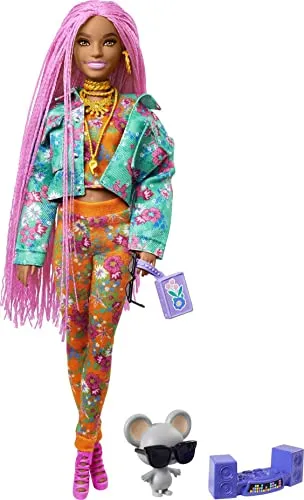 Barbie Extra Doll #10 in Floral-Print Jacket & Jogger Set with DJ Mouse Pet, Extra-Long Pink Braids, Layered Outfit & Accessories, Gift for Kids 3 Years+