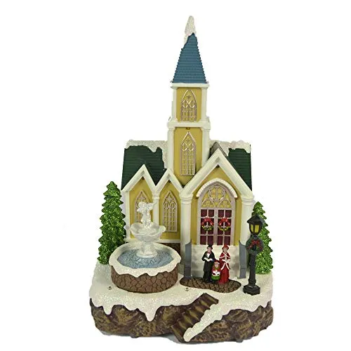 Villaggio di Natale innevato con Chiesa Coro Bambini Albero di Natale in Movimento, Paesaggio con Luci LED e Musica Babbo Scenario Natalizio Parco Giochi Carillon Musicale 32x20x20 cm Giostrina