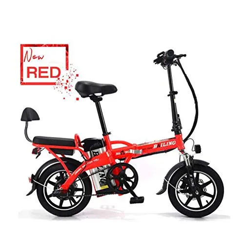 LOVE-HOME 14 Pollici Pieghevole Bicicletta Elettrica, 48V / 12A / 350W Resistenza 40-50 Km Batteria al Litio E-Bike, Acciaio al Carbonio Due Posti in Tandem Biciclette per Adulti Gioventù,Rosso