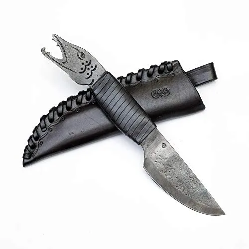 Madhammers Coltello Fatto a Mano a Testa di Pesce per coltelli in Acciaio - Lama affilata e Appuntita con Fodero in Vera Pelle per Gli Amanti dell'Arte e della Cultura - Lunghezza Totale 24 cm…