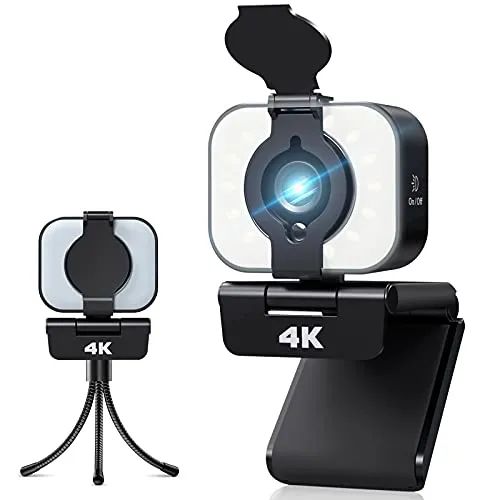 4K Webcam per PC con Microfono, Yoroshi HD Videocamera con Luce ad Anello e Privacy Cover, Web Camera per PC, Mac, Laptop, per Videochiamate, Studio, Conferenza, Registrazione