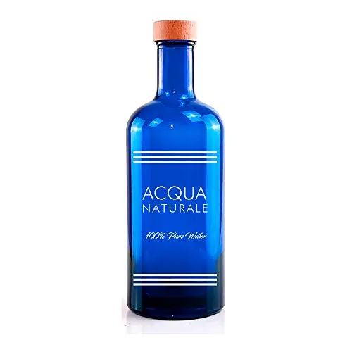 BrandPrint, Bottiglia in Vetro Blu per Acqua 750 ML Serigrafata Naturale Modello Iside con Tappo a Vite in Alluminio Rivestito in Legno. Bottiglia per Acqua Solarizzata. Bottiglia per Ristoranti