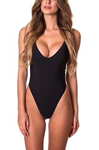 RELLECIGA Costume Donna Intero Monokini High Cut One-Piece String Thong Bikini Nero L