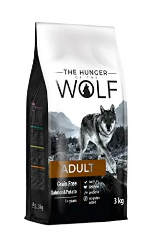 The Hunger of The Wolf Cibo secco per cani adulti, senza cereali, a base di salmone e patate, per tutte le razze e cani con allergie, 3kg