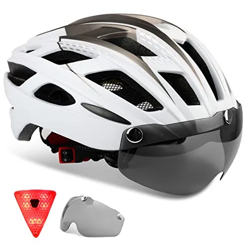 KINGLEAD Casco Bici con Luce di Sicurezza e Visiera Magnetica,Casco da Ciclismo Uomo Donne Adulto Bici da Corsa Casco da Bicicletta Certificato CE Regolabile Casco Mtb Skateboarding 57-62CM