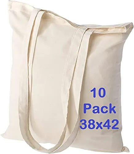 Tote bag riutilizzabili in tela di cotone-Borse di tela-Borsa in tessuto per la spesa-adatta per pubblicità, promozioni e omaggi-Dimensioni 38cmX42cm/Manico 70cm (Set di 10 | Naturale)