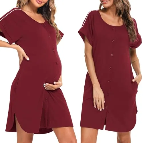 iClosam Camicia da Notte Parto Ospedale Donna Camicia da Notte Allattamento con Bottoni Vestaglia da Notte Cotone Abbigliamento Premaman Manica Corta Leggero e Confortevole