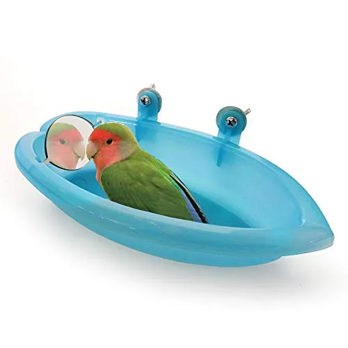 Amasawa Bagno Uccelli con Specchio,Piccola Vasca da Bagno per Uccelli, Vasca da Bagno Pappagallo Vasca da Bagno per Uccelli Bird Bath Box per Doccia plastica con Gancio (Blu)