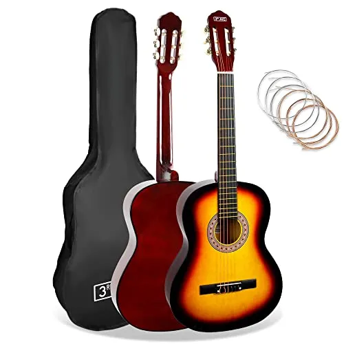 3rd Avenue Pacchetto beginner con chitarra spagnola classica junior di dimensioni 3/4 corde in nylon, custodia da trasporto, corde – Sunburst (giallo)