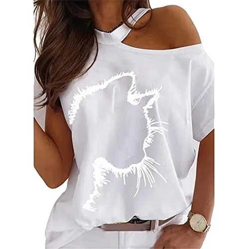 T-Shirt Donna Estate Sexy Girocollo Fuori Spalla Manica Corta Camicetta Donne Temperamento Squisita Stampa Gatto Versione Sciolta Confortevole Incontri Top Donna B-White 3XL