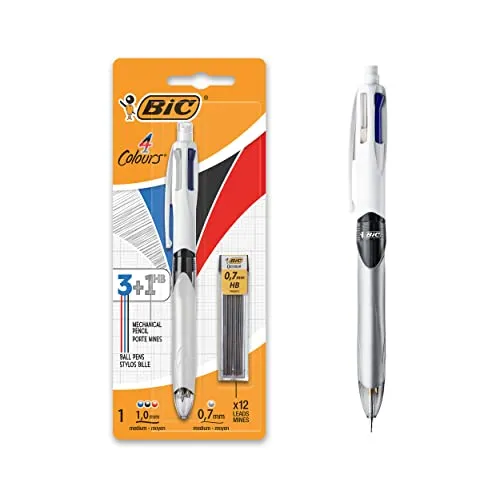 BIC 4 Colori, Penna Multicolore con Matita Grafite, Penna a Sfera a Scatto con 3 Inchiostri (Nero, Blu, Rosso) e 1 Matita Meccanica HB, Scuola Cancelleria Ufficio