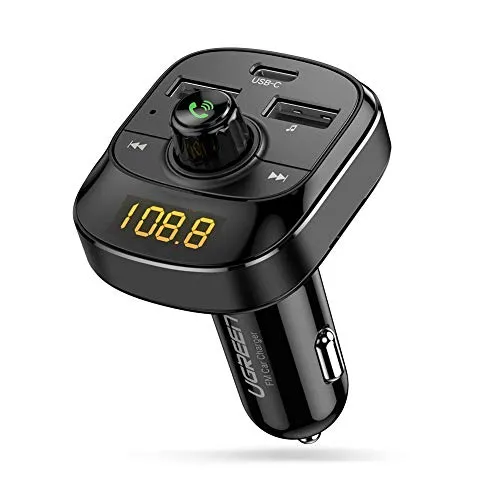 UGREEN Trasmettitore FM Bluetooth, Transmitter Bluetooth Vivavoce 5.0 USB C, MP3 Audio Lettore per Auto, QC3.0 Caricabatteria da Auto 18W con Supporta Scheda TF/U Disk