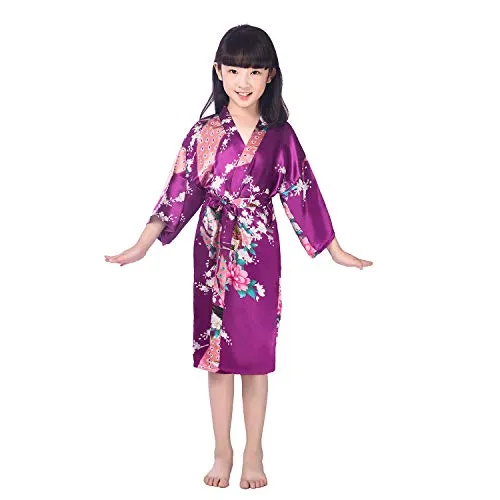 hibote Bambini Ragazze Robe di Seta Robe in Raso Breve Floreale Kimono di Pavone con Indumenti da Notte Viola Scuro 14/11-14Y