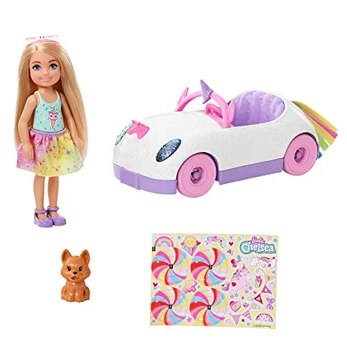 Barbie - Bambola Chelsea Bionda con Auto Decappottabile a Tema Unicorno, Cucciolo e Accessori, Giocattolo per Bambini 3+Anni, GXT41