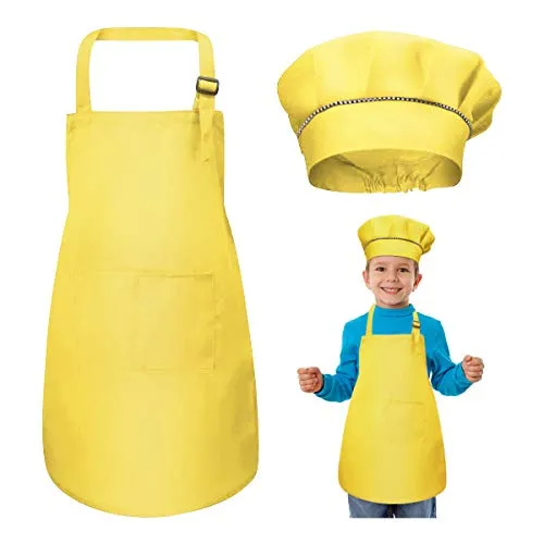 Bambini Grembiule e Cappello da Cuoco Set, Regolabile Bambino Grembiule da Cucina con 2 Tasche per Ragazze Ragazzi, Grembiuli da Chef per Cucinare Cottura Pittura Artigianato (7-13 Anni) (Giallo)