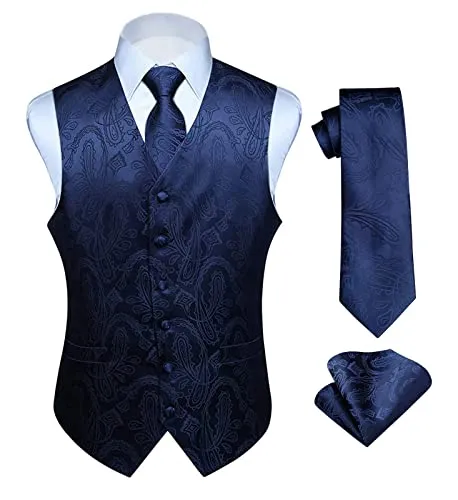 HISDERN Paisley floreale Jacquard floreale gilet e cravatta e fazzoletto da taschino set Blu navy XL