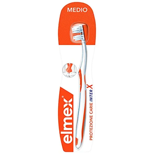 Elmex Spazzolino Protezione Carie Inter X, Medio, per una pulizia ogni volta accurata fin negli spazi interprossimali e una testina corta per la pulizia dei molari difficili da raggiungere.