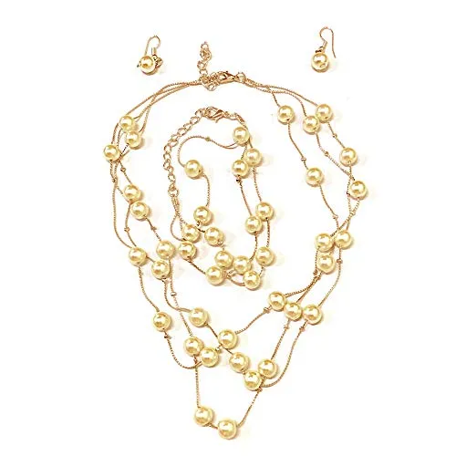 AIUIN - Parure collana, orecchini e braccialetto con perle e perla, colore: oro, cod. SY464