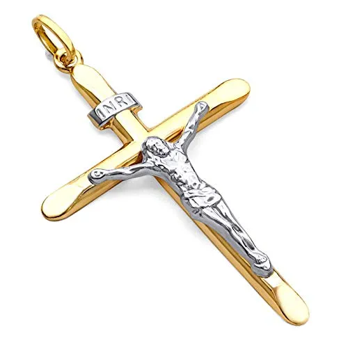 Ciondolo a forma di croce bicolore con Gesù, in oro giallo 750, 18 carati, unisex e Due ori, cod. KJb18