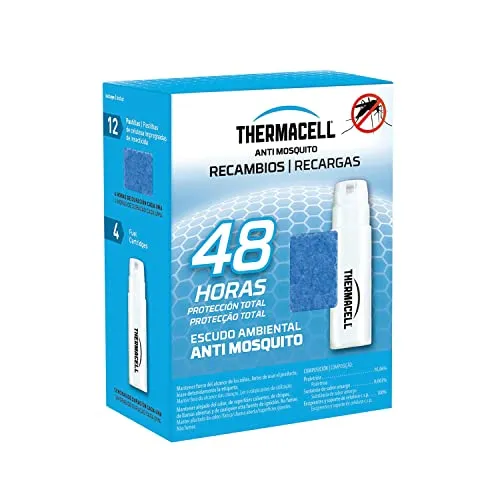 ThermaCELL - Ricambio anti zanzara, confezione da 48 ore di protezione, include 12 pastiglie con repellente, 4 cartucce di gas, compatibile con tutti gli apparecchi